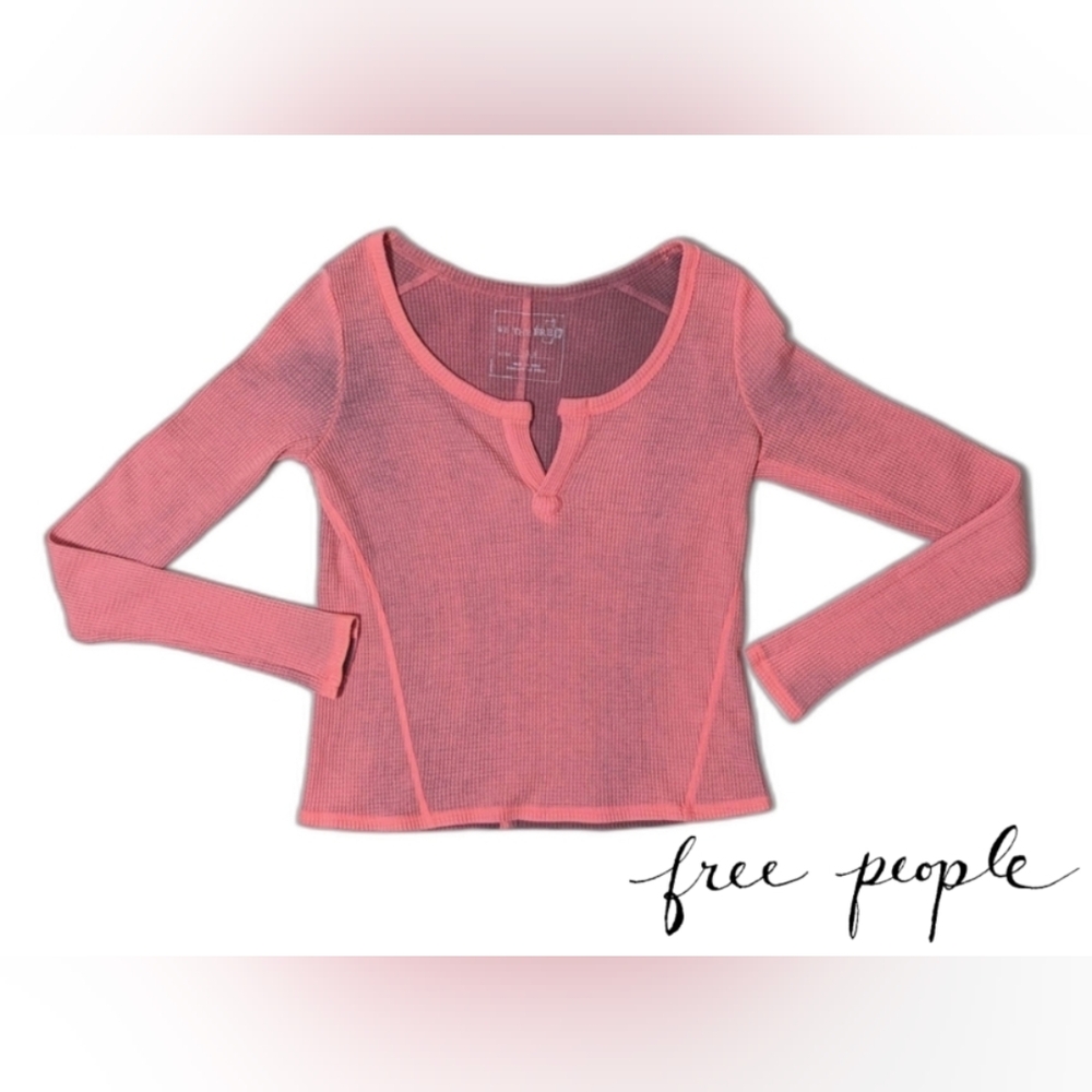 Free People We The Free Pink Gray Waffle Knit Split Neck Thermal Top XS NWOT